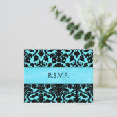 Blue and Black Damask Reply Card (Standing Front)