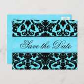 Blue and Black Damask Save the Date Card (Front/Back)