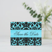 Blue and Black Damask Save the Date Card (Standing Front)