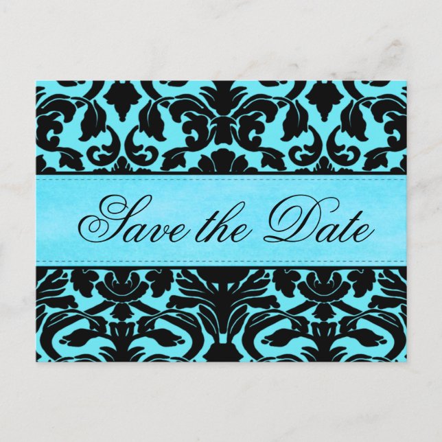 Blue and Black Damask Save the Date Card (Front)