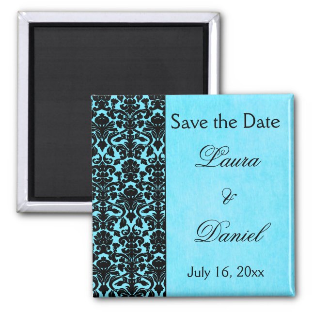 Blue and Black Damask Save the Date Magnet (Front)