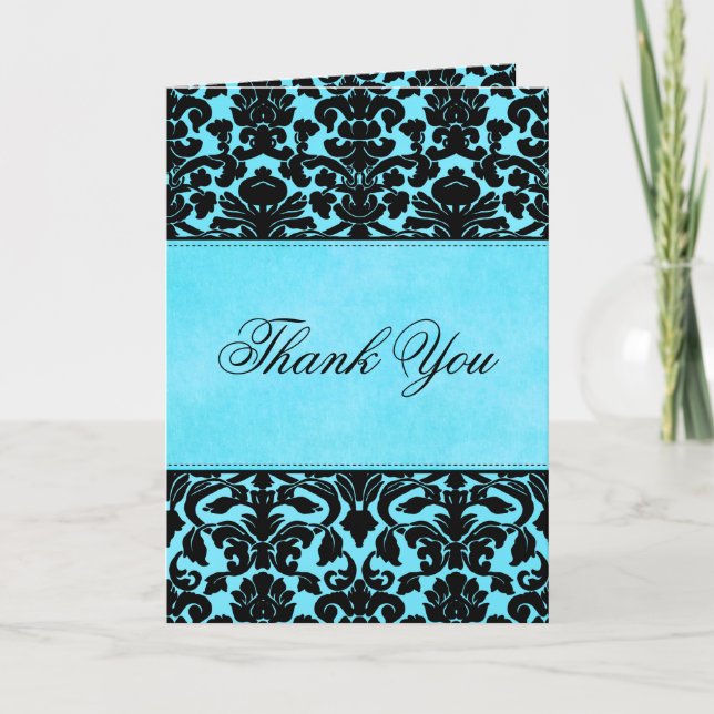 Blue and Black Damask Thank You Card (Front)