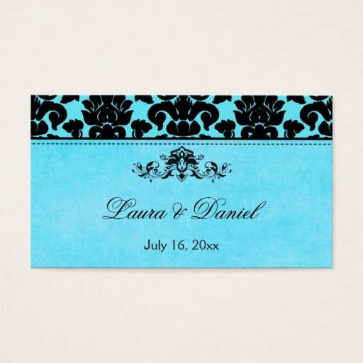 Customizable Blue and Black Damask Wedding Favor Tag Business Card Template