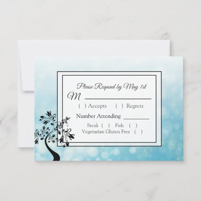 Blue and Black Decorative Tree RSVP Postcards (Front)