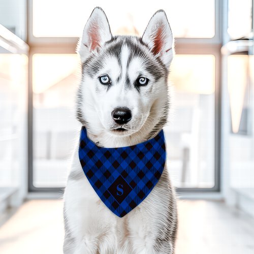 Blue And Black Diagonal Buffalo Plaid Monogram Pet Bandana Collar