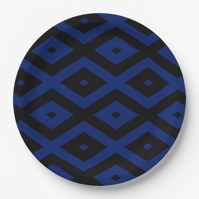 Blue and black diamond pattern paper plates (Front)