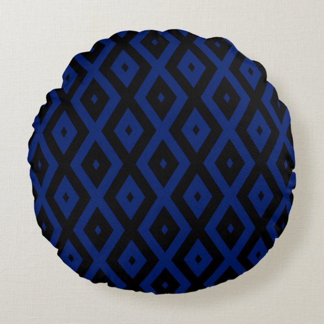 Blue and black diamond pattern round pillow (Front)