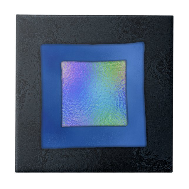Blue and Black Dichroic Fused Glass Look Ceramic Tile (Front)