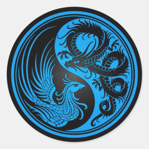 Blue and Black Dragon Phoenix Yin Yang Classic Round Sticker