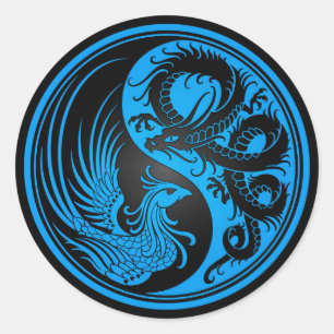 Blue and Black Dragon Phoenix Yin Yang Classic Round Sticker