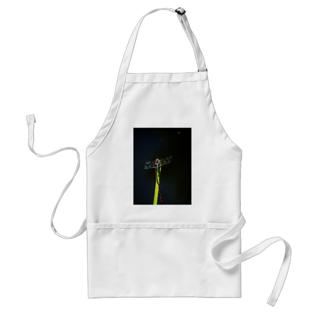 Blue and black  Dragonfly on green and red grass Adult Apron (Front)