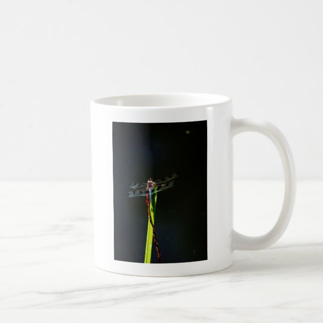 Blue and black  Dragonfly on green and red grass Coffee Mug (Right)