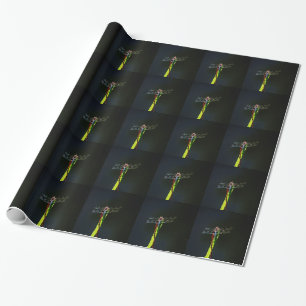 Blue and black Dragonfly on green and red grass Wrapping Paper