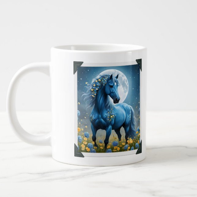 Blue And Black Fantasy Moon Horses, Giant Coffee Mug (Left)