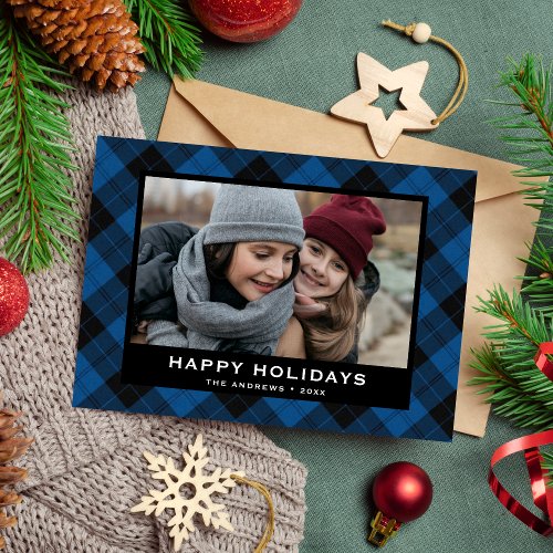 Blue and Black Festive Tartan Christmas Photo Holiday Card