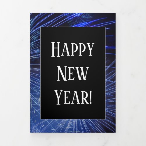 Blue and Black Fireworks Happy New Year 3 Photos Tri_Fold Holiday Card