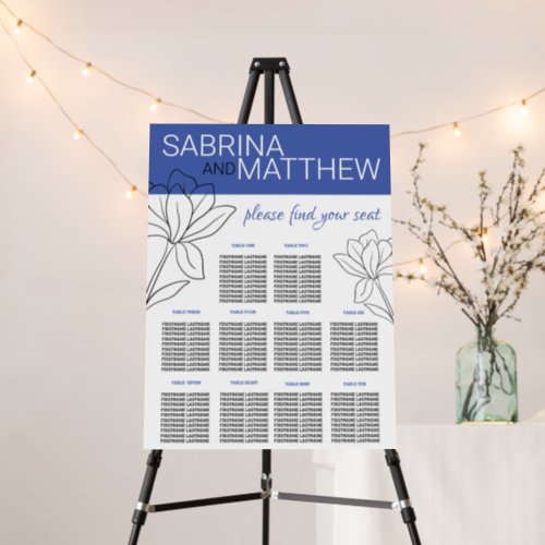 Blue and Black Floral 10 Tables Seating Chart Foam Board