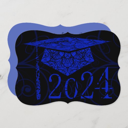 Blue and Black Floral Cap 2024 Graduation Party Invitation