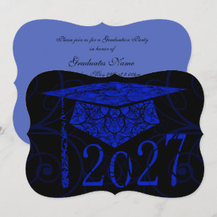 Blue and Black Floral Cap 2027 Graduation Party Invitation