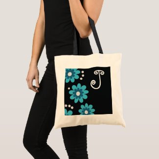 Blue And Black Floral Monogram Tote Bag