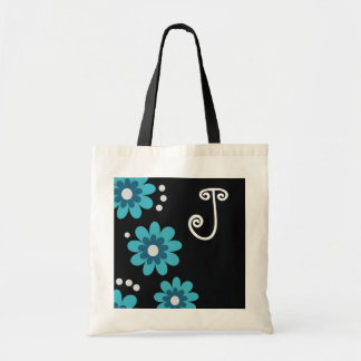 Blue And Black Floral Monogram Tote Bag