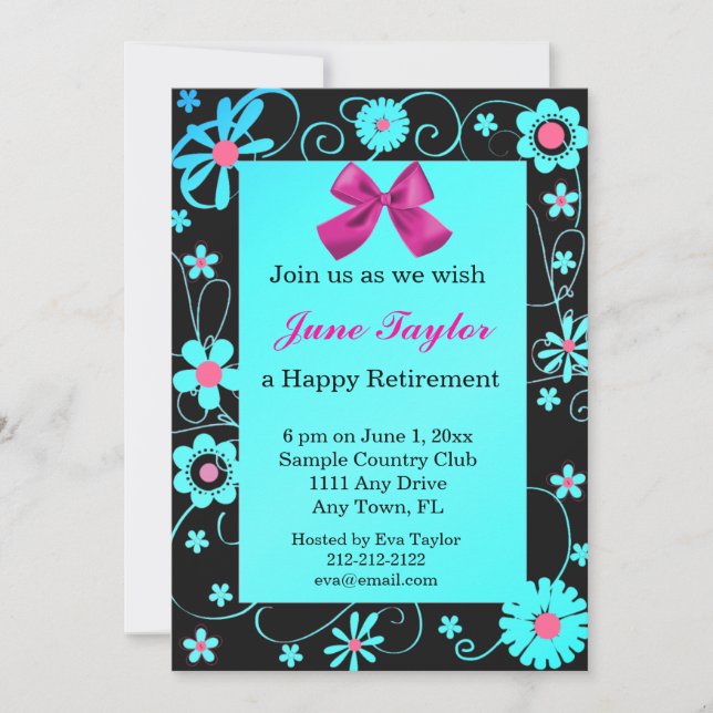 Blue and Black Floral Retirement Party Invitation (Front)