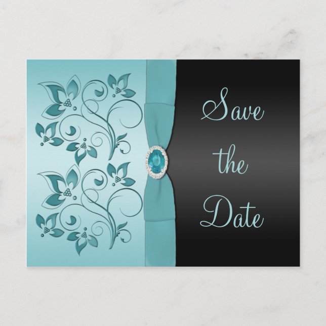 Blue and Black Floral Save the Date Postcard (Front)