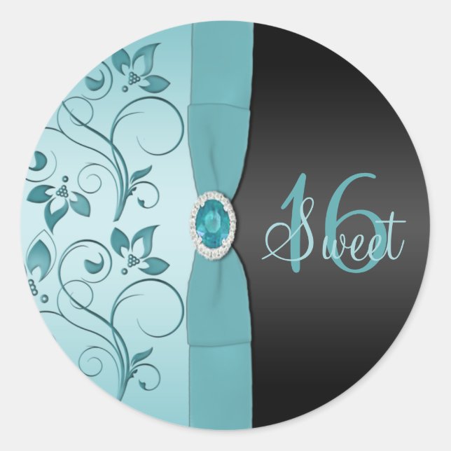 Blue and Black Floral Sweet Sixteen Sticker (Front)