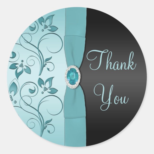 Blue and Black Floral Thank You Sticker (Front)