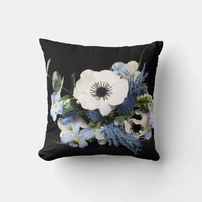 Blue and Black Floral Throw Pillow (Front)