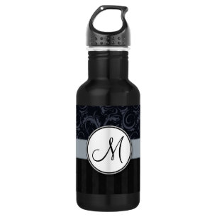 Blue and Black Floral Wisps, Stripes with Monogram Stainless Steel Water Bottle