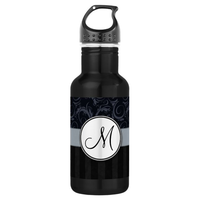 Blue and Black Floral Wisps, Stripes with Monogram Stainless Steel Water Bottle (Front)