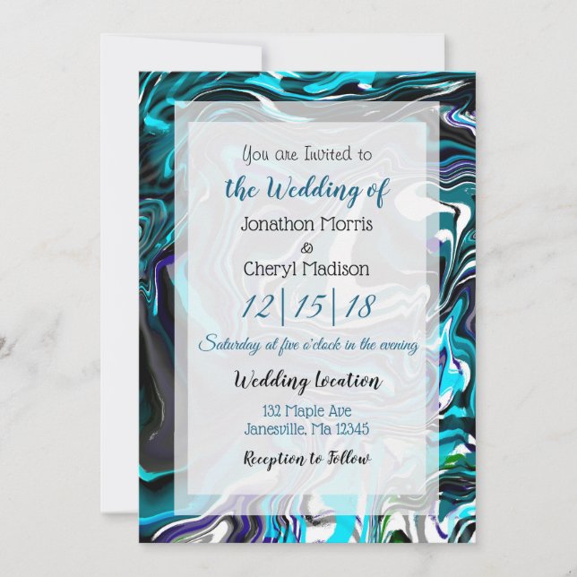 Blue and Black Fluid Art Wedding Invitation (Front)