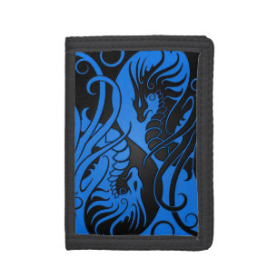 Blue and Black Flying Yin Yang Dragons Tri-fold Wallet