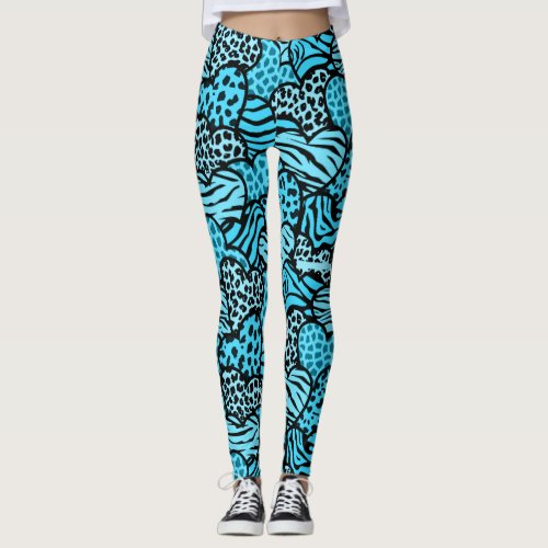 Blue and black girly animal print hearts watch leggings