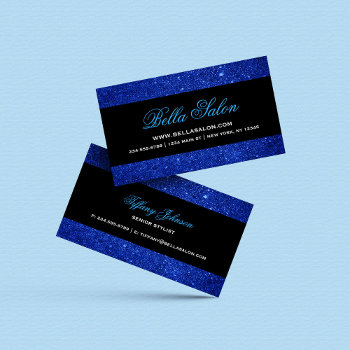 Blue And Black Glam Faux Glitter Business Card by jenniferstuartdesign at Zazzle