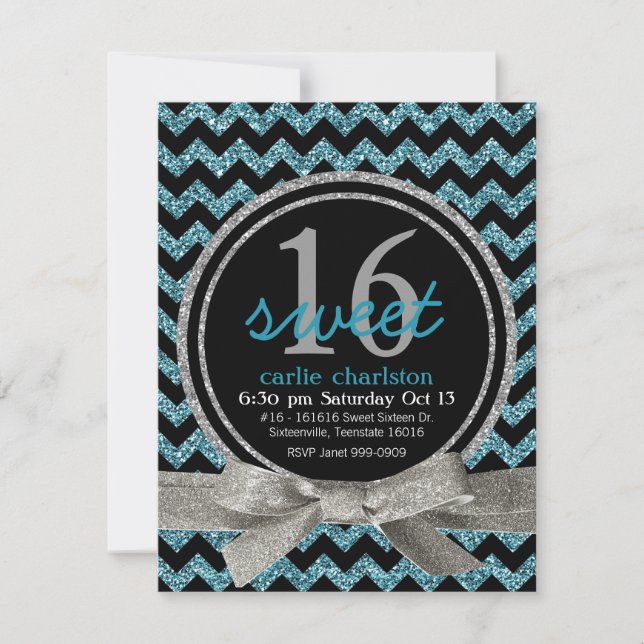 Blue and Black Glitter Look Chevron Sweet 16 Party Invitation (Front)