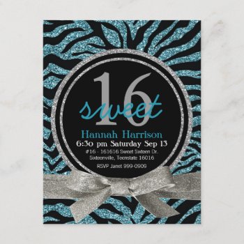 Blue And Black Glitter Look Zebra Sweet 16 Party Invitation by PartyHearty at Zazzle