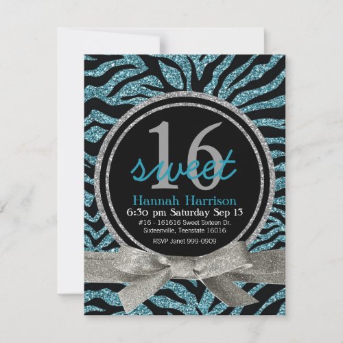 Blue and Black Glitter Look Zebra Sweet 16 Party Personalized Invitation