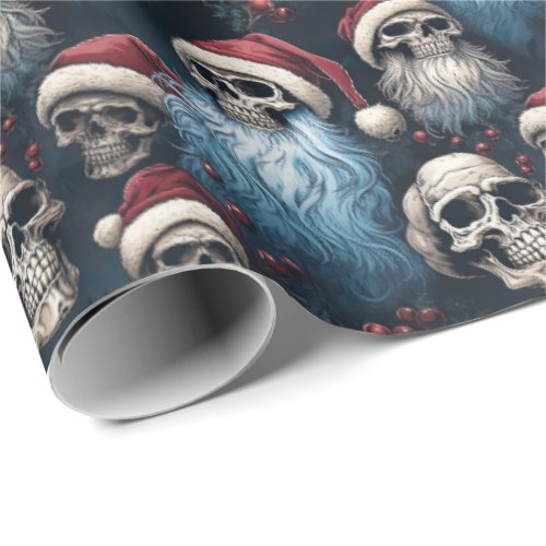 Blue and Black Gothic Santa Skulls Christmas Gift Wrapping Paper