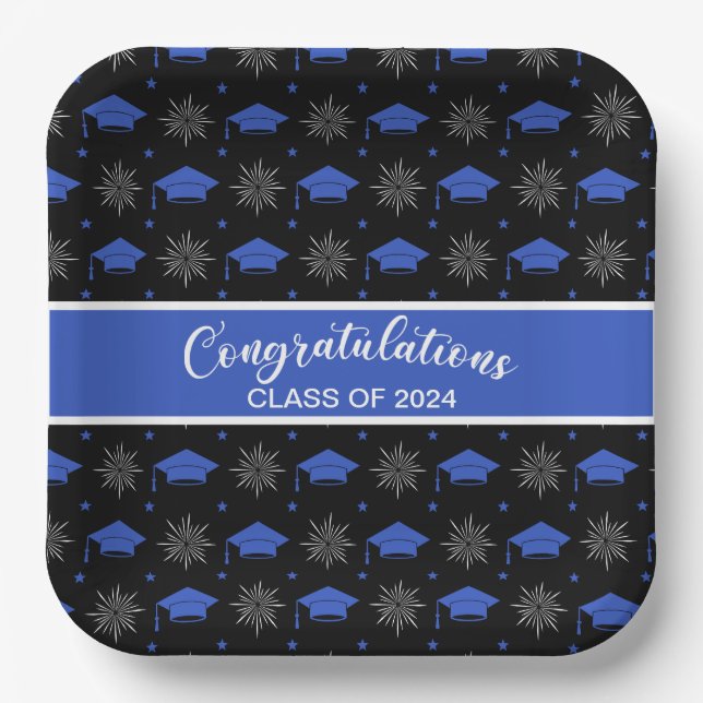 Blue and Black Graduation Cap Pattern Paper Plates (Front)