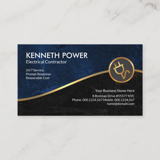 Blue And Black Grunge Faux Gold Wave Electrician Business Card (Front)