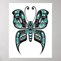 Blue and Black Haida Spirit Butterfly on White Poster