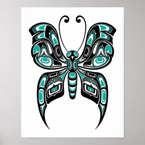 Blue and Black Haida Spirit Butterfly on White Poster