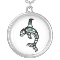 Blue and Black Haida Spirit Killer Whale Silver Plated Necklace