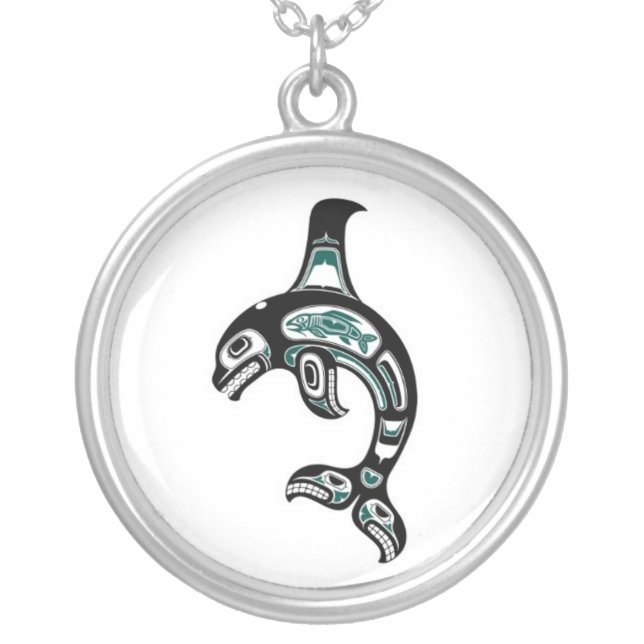 Blue and Black Haida Spirit Killer Whale Silver Plated Necklace (Front)