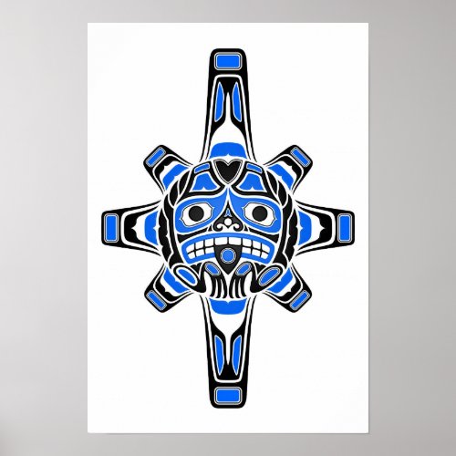 Blue and Black Haida Sun Mask on White Poster