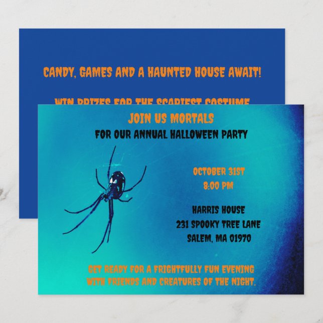 Blue and Black  Halloween Scary Black Spider  Invitation (Front/Back)