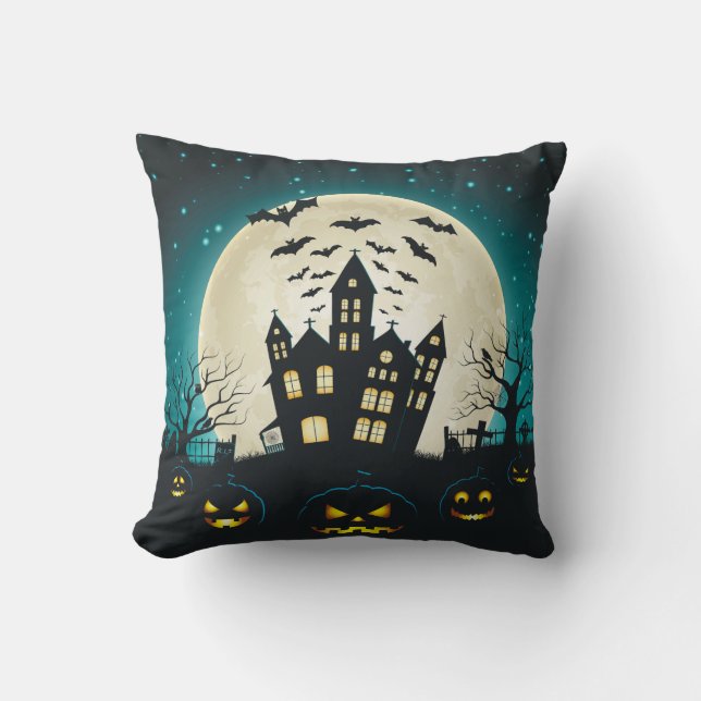 Blue and Black Halloween Square Throw Pillow (Front)