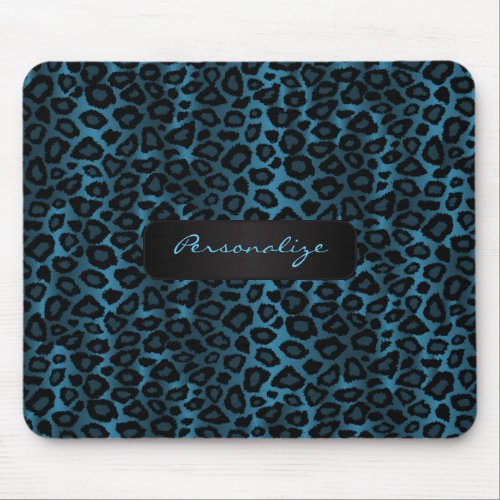 Blue and Black Ikat Leopard Print Mouse Pad